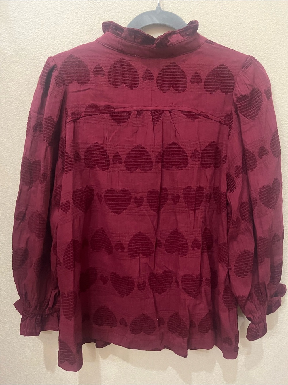 Umgee Burgundy Ruffled Heart-Pattern Button Front Blouse - Picture 2 of 4